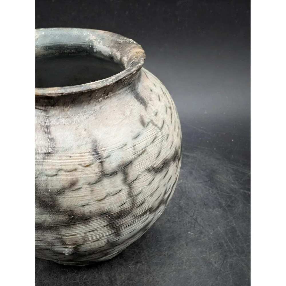 Handmade Raku Fired Studio Pottery Vase Textured Ribbed Ceramic Jar Gray 5